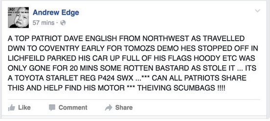 EDL demo May 2016 Coventry car stolen