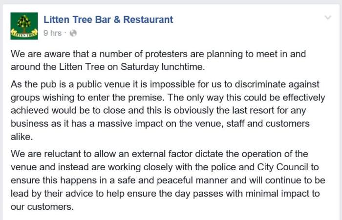Litten Tree Facebook notification about EDL demo May 2016